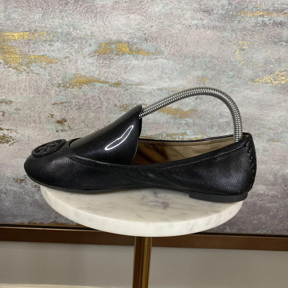 Tory Burch Ballet Flat Shoes Womens Size 7 Black Leather Logo Slip On Round Toe